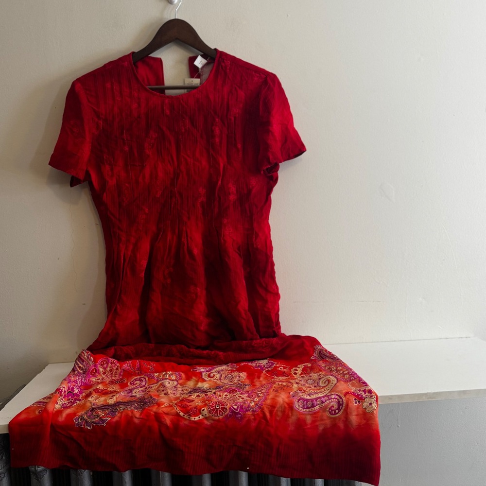 Coldwater Creek Women's Sz 10 Red Ombre Paisley Crinkle Midi Dress Tie Back